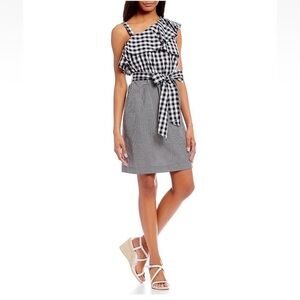 Calvin Klein Women’s Black & White Asymmetrical Sleeve Checkered Gingham Dress